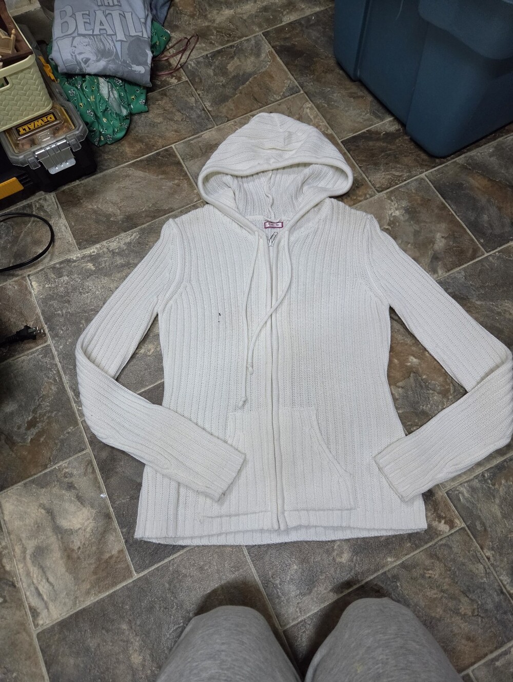 Women's White Ribbed Zip Hoodie